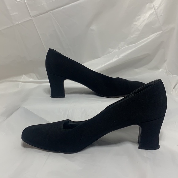 VINTAGE Stuart Weitzman Black Fabric Square Toe Slip On Heels Women’s Sz 8M - Picture 4 of 10
